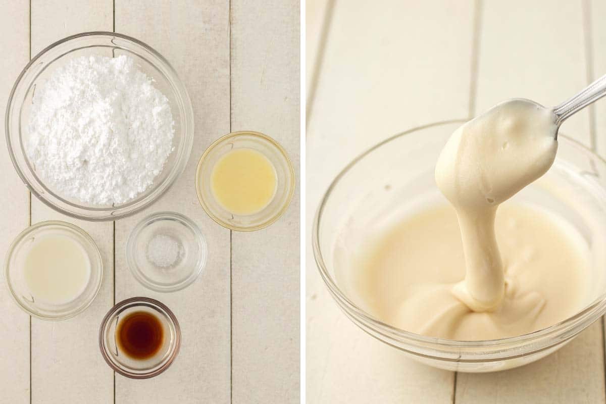 Two side by side images showing ingredients needed to make vegan icing for cinnamon rolls and the finished icing.