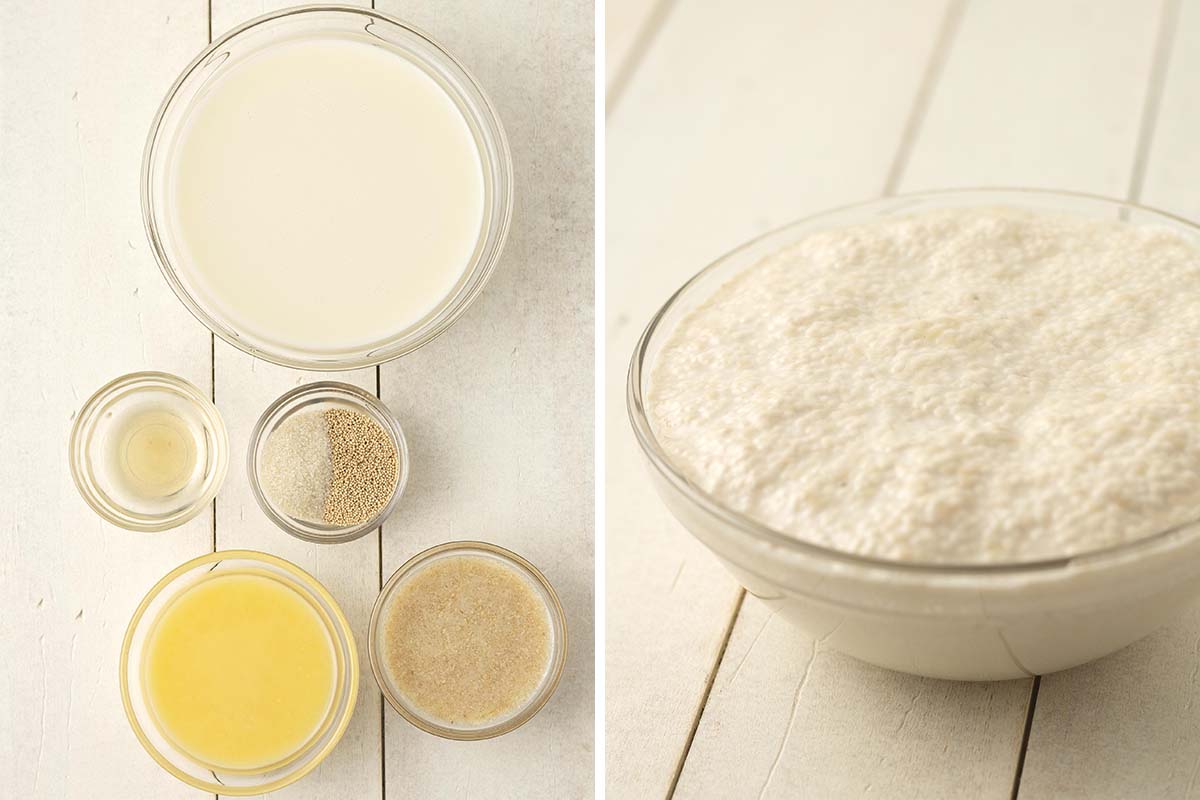 Two side by side images showing ingredients needed to proof the yeast for cinnamon rolls and the proofed yeast.