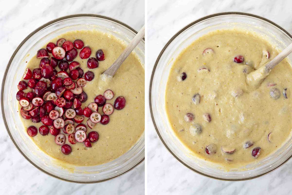 Two side by side images showing the sequence of steps to make cranberry orange muffin batter.