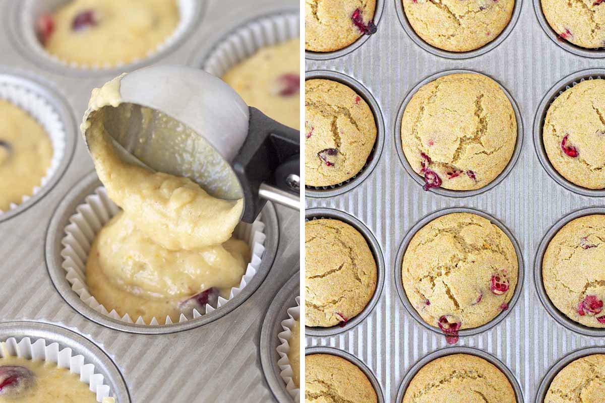 Two side by side images showing muffin batter being scooped into muffin pan, the second image shows the finished muffins.