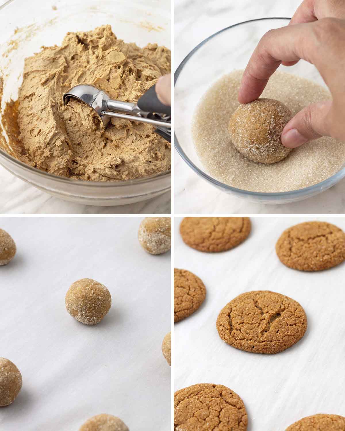 A collage of four images showing the second sequence of steps needed to make gluten free molasses cookies.