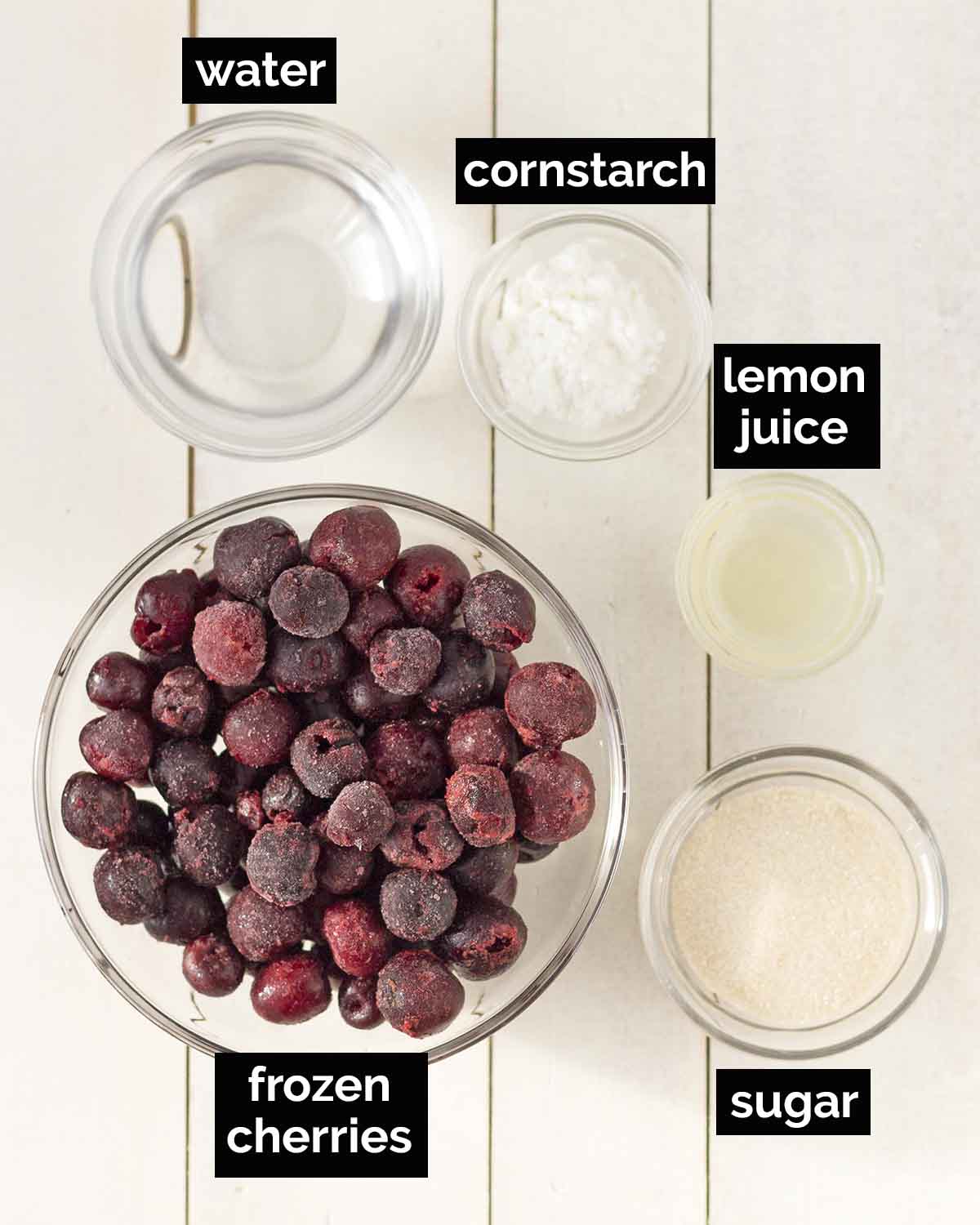 An overhead shot showing the ingredients needed to make cherry sauce.