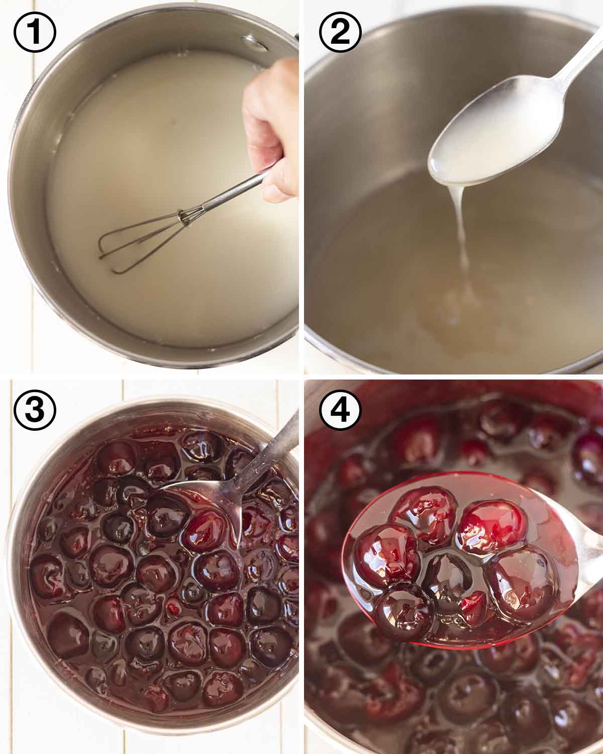 A collage of four images showing the sequence of steps needed to make cherry dessert topping.