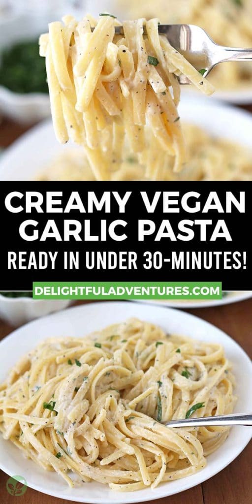 Pinterest pin showing two images of dairy-free garlic pasta, this image is to be used to pin this recipe to Pinterest.