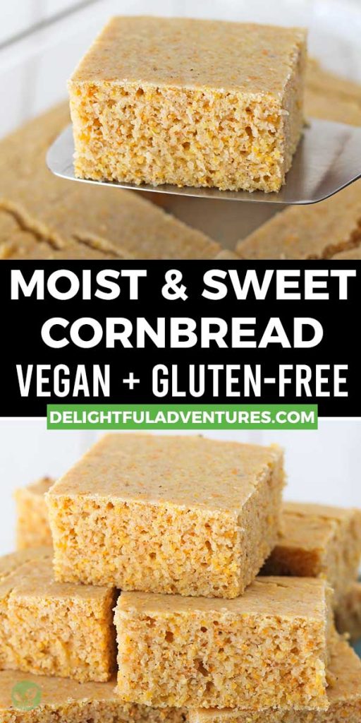 Pinterest pin showing two images of eggless wheat-free cornbread, this image is to be used to pin this recipe to Pinterest.