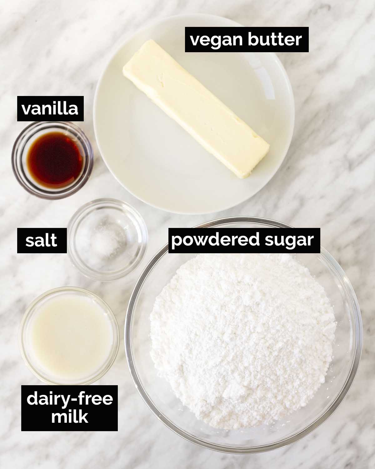 Overhead shot showing the ingredients needed to make dairy-free buttercream.