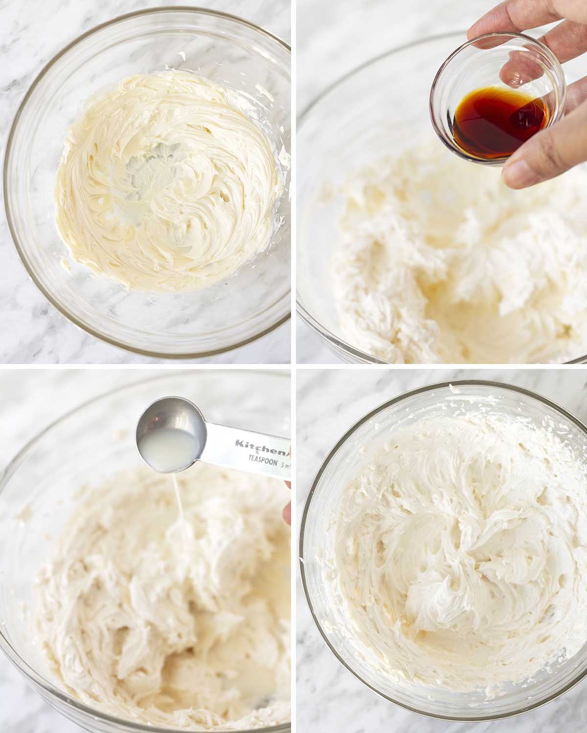 A collage of four images showing the sequence of steps to make vegan buttercream icing.