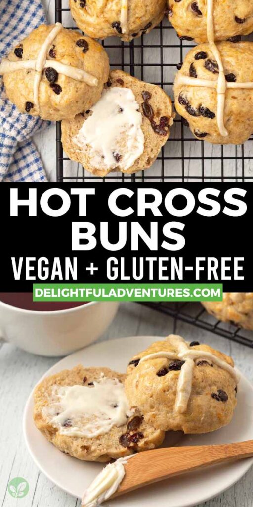 Pinterest pin showing two images of vegan gluten-free hot cross buns, this image is to be used to pin this recipe to Pinterest.