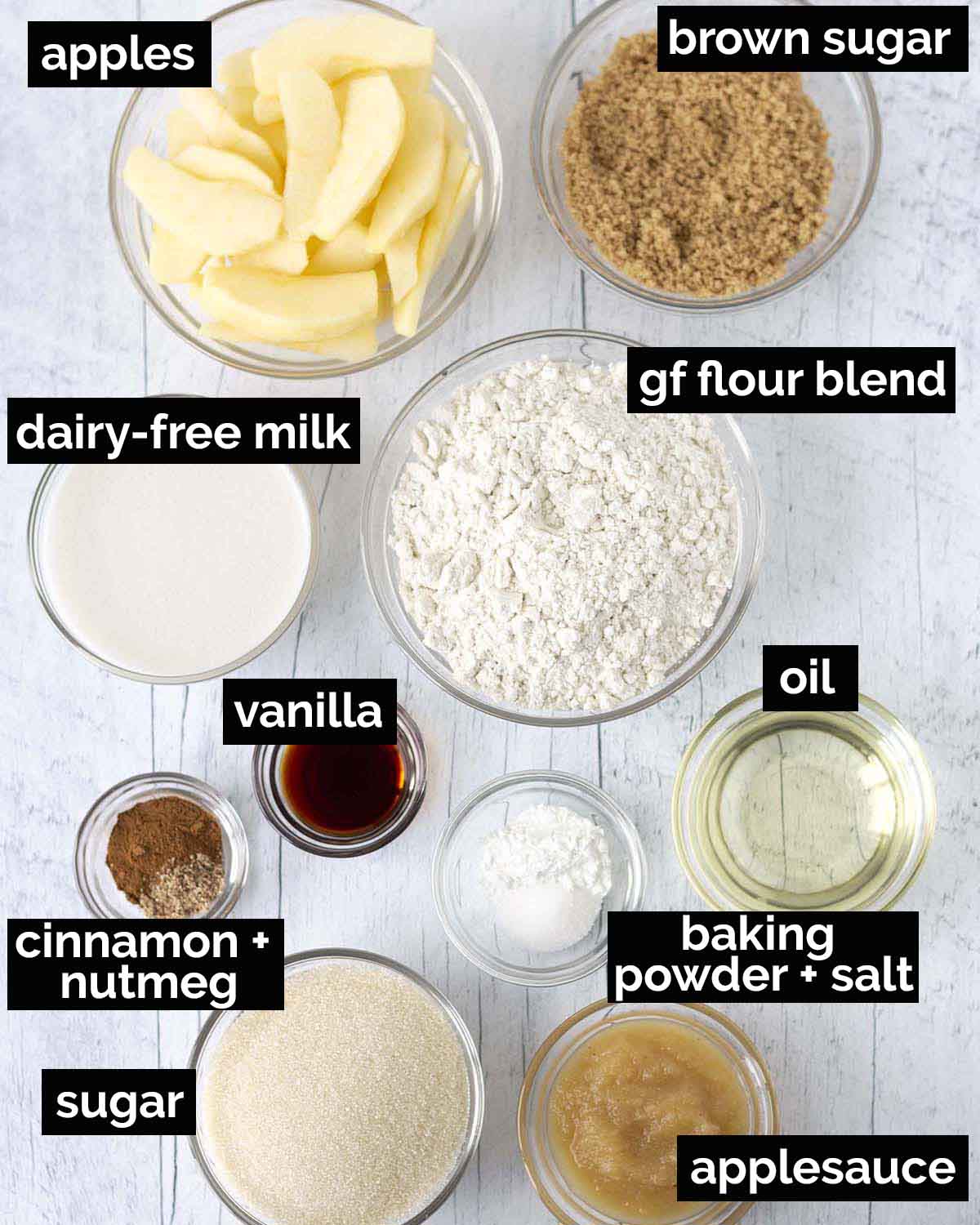 An overhead shot of the ingredients needed to make an eggless apple upside down cake.