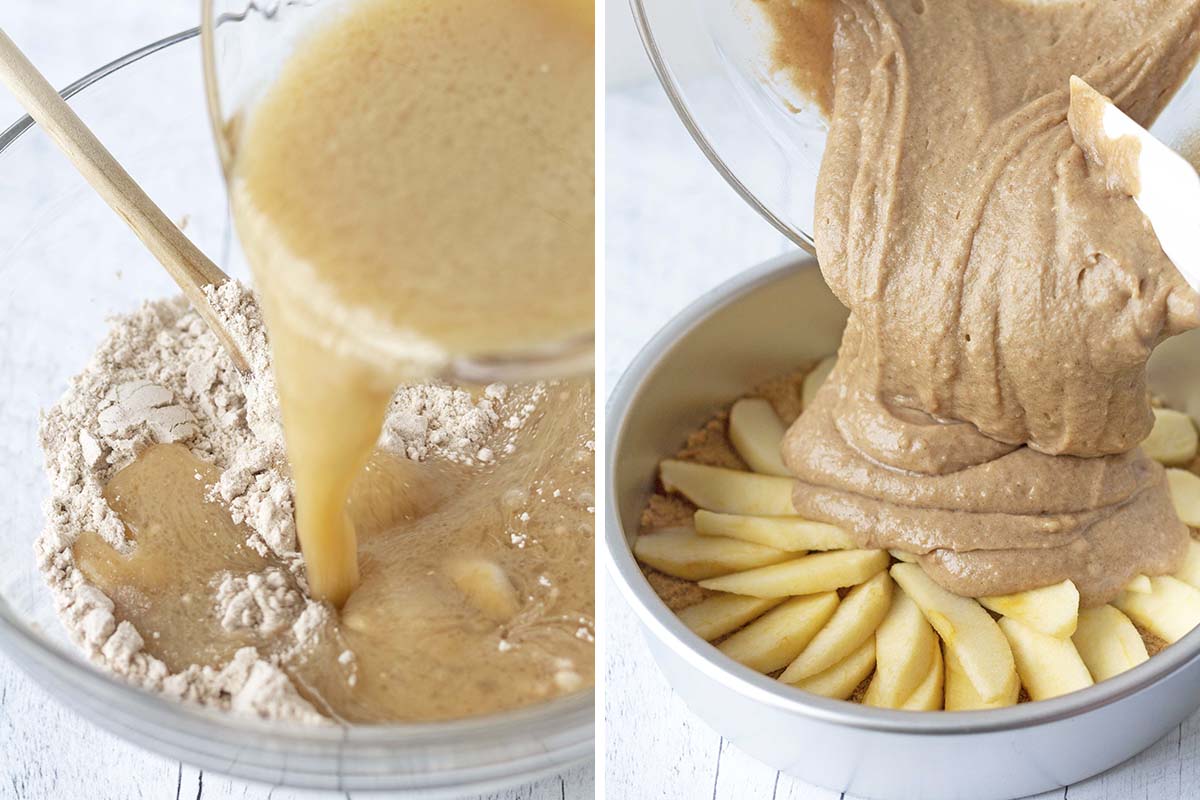 Two images, the first shows wet ingredients being poured into a bowl, second image shows batter being added to a cake pan.