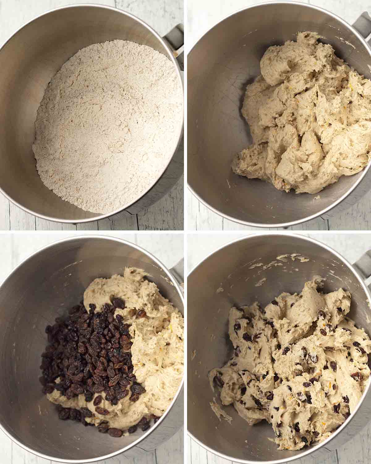 A collage of four images showing the first sequence of steps needed to make gluten-free hot cross buns.