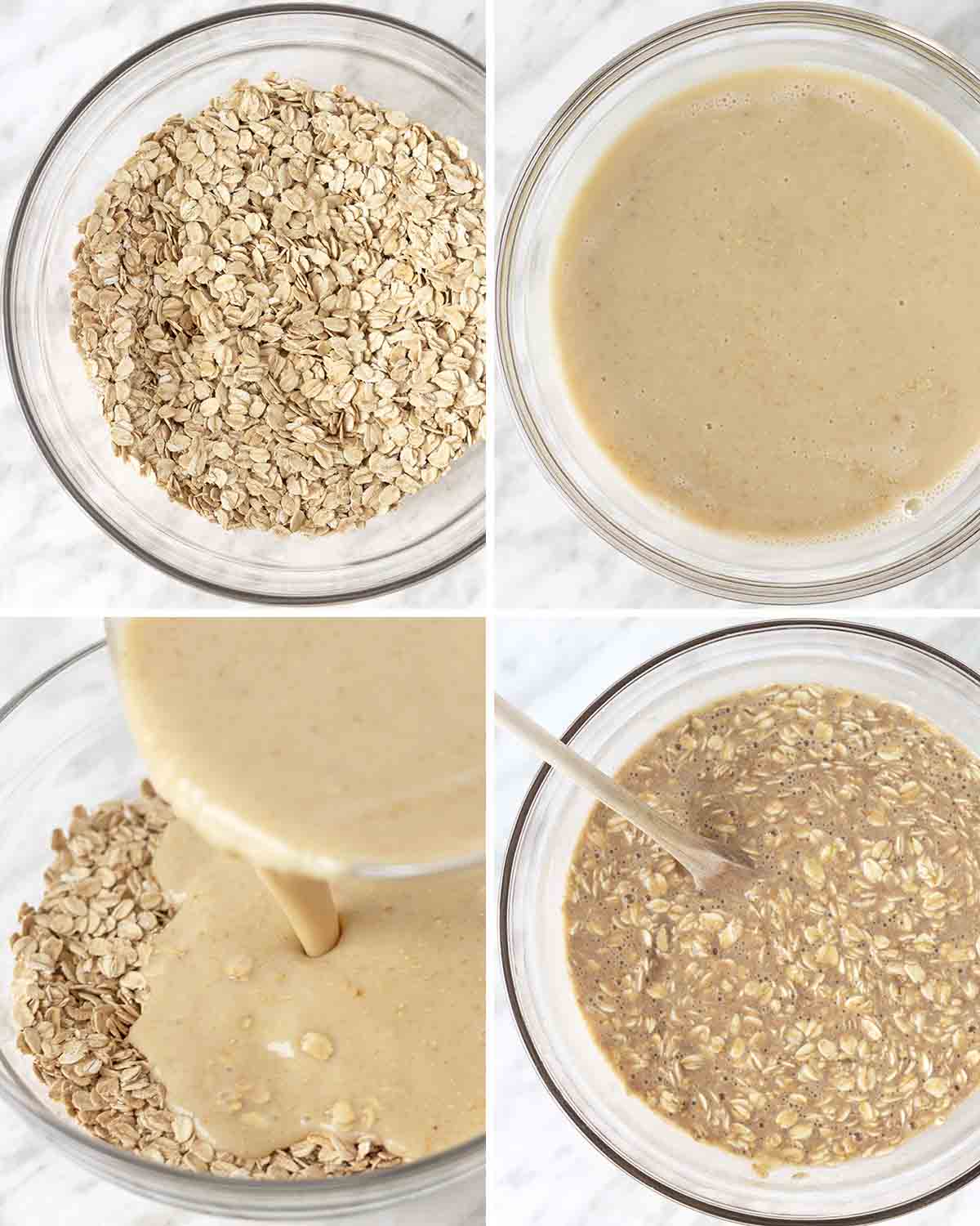 A collage of four images showing the first sequence of steps needed to make baked oats with banana.