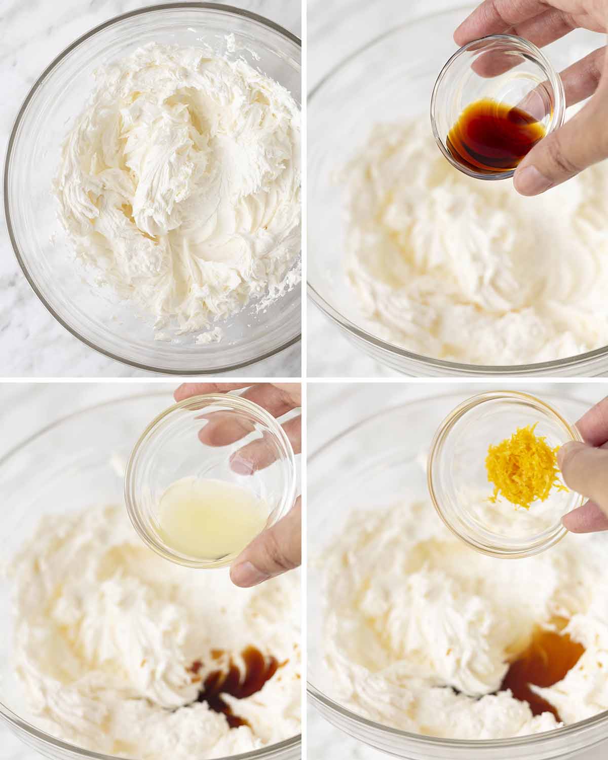 A collage of four images showing the sequence of steps needed to make lemon buttercream.