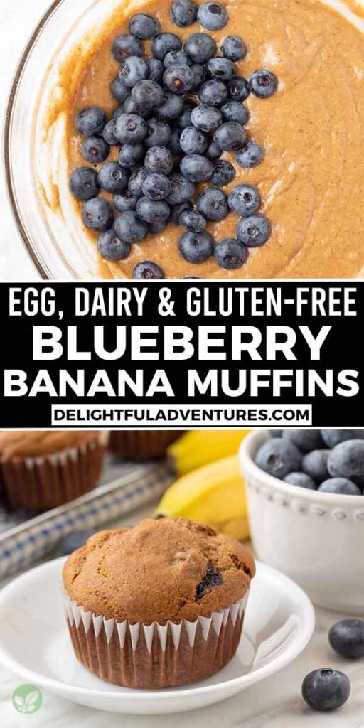 Pinterest pin showing two images of vegan gluten-free banana blueberry muffins, this image is to be used to pin this recipe to Pinterest.