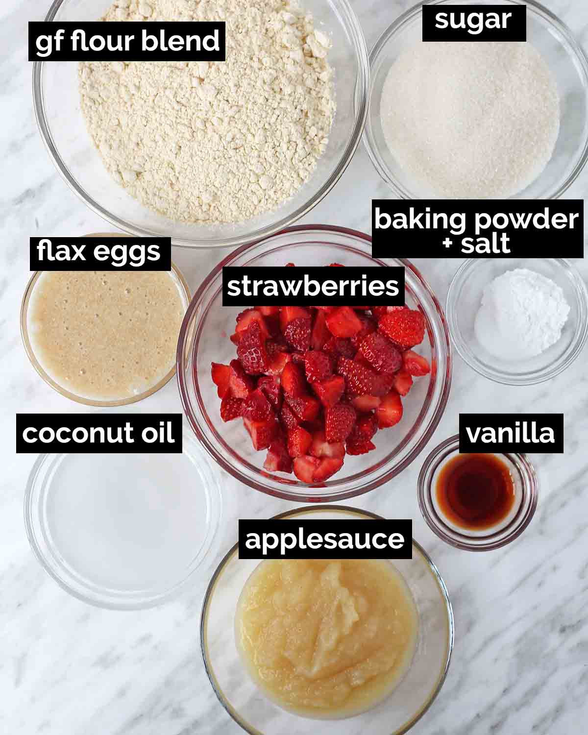Overhead shot of the ingredients needed to make gluten free dairy free strawberry muffins.