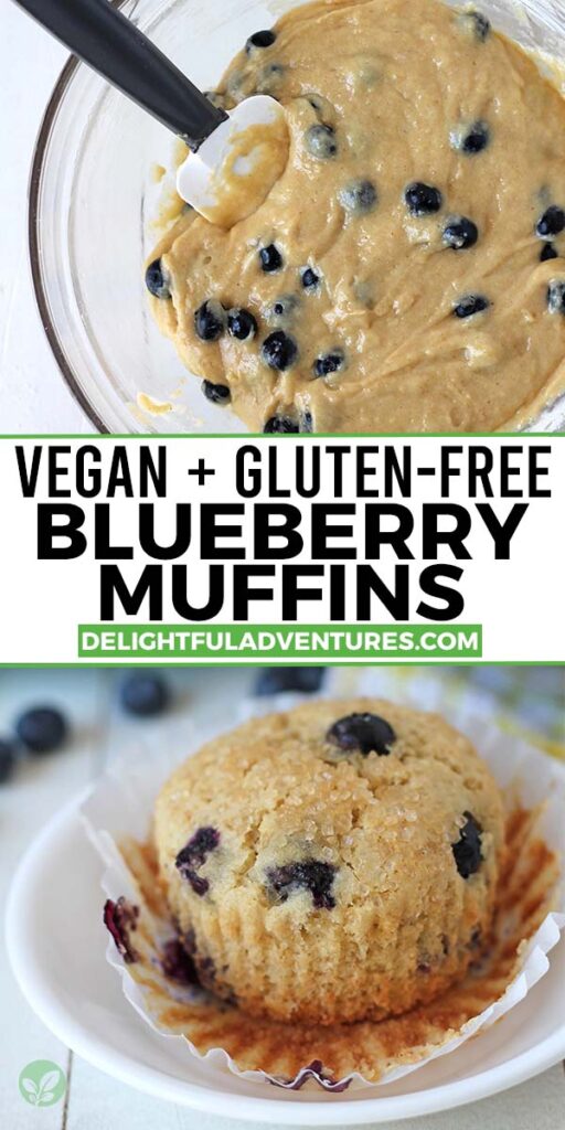 Pinterest pin showing two images of vegan gluten-free blueberry muffins, this image is to be used to pin this recipe to Pinterest.