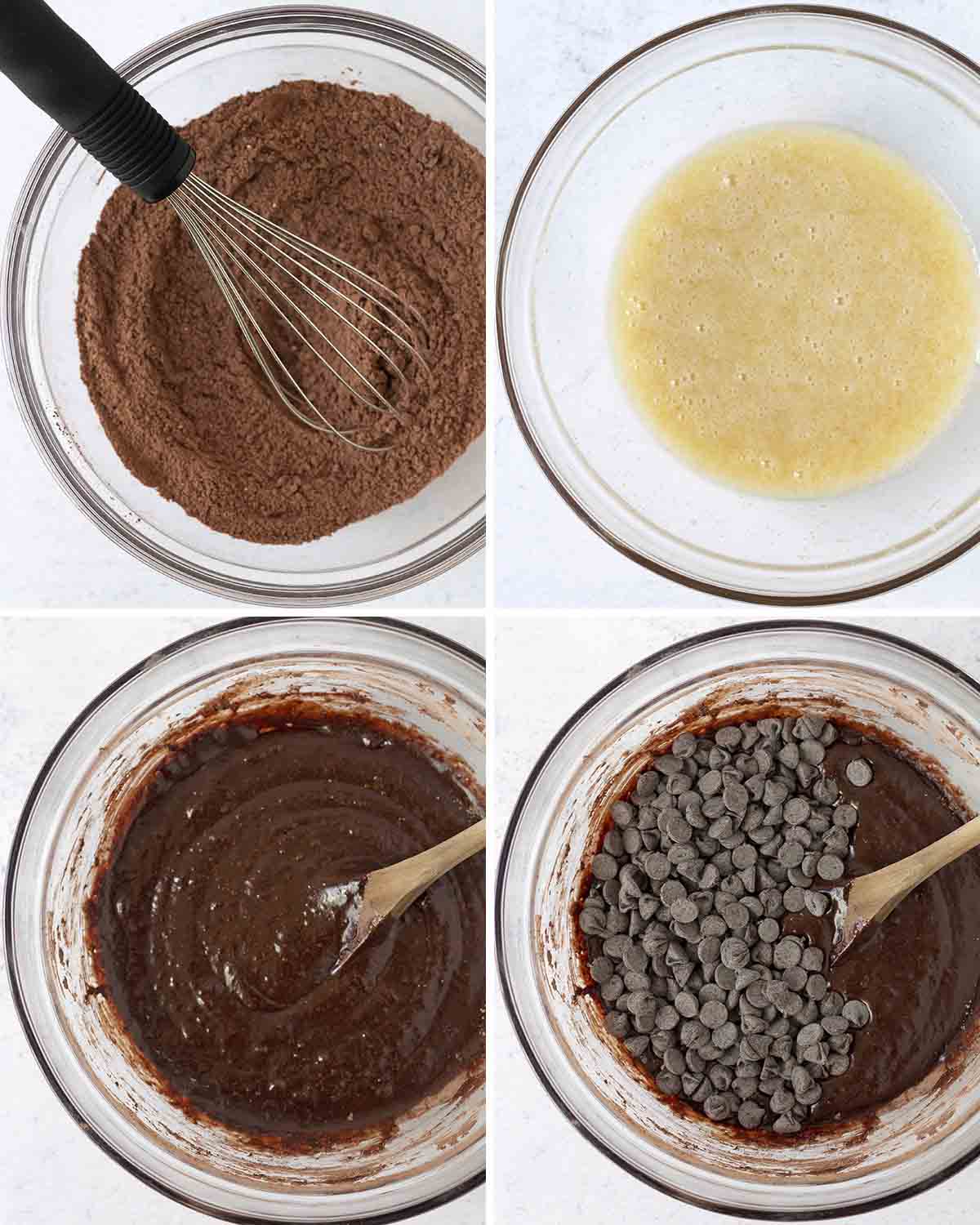 A collage of four images showing the sequence of steps needed to make dairy-free gluten-free brownies.