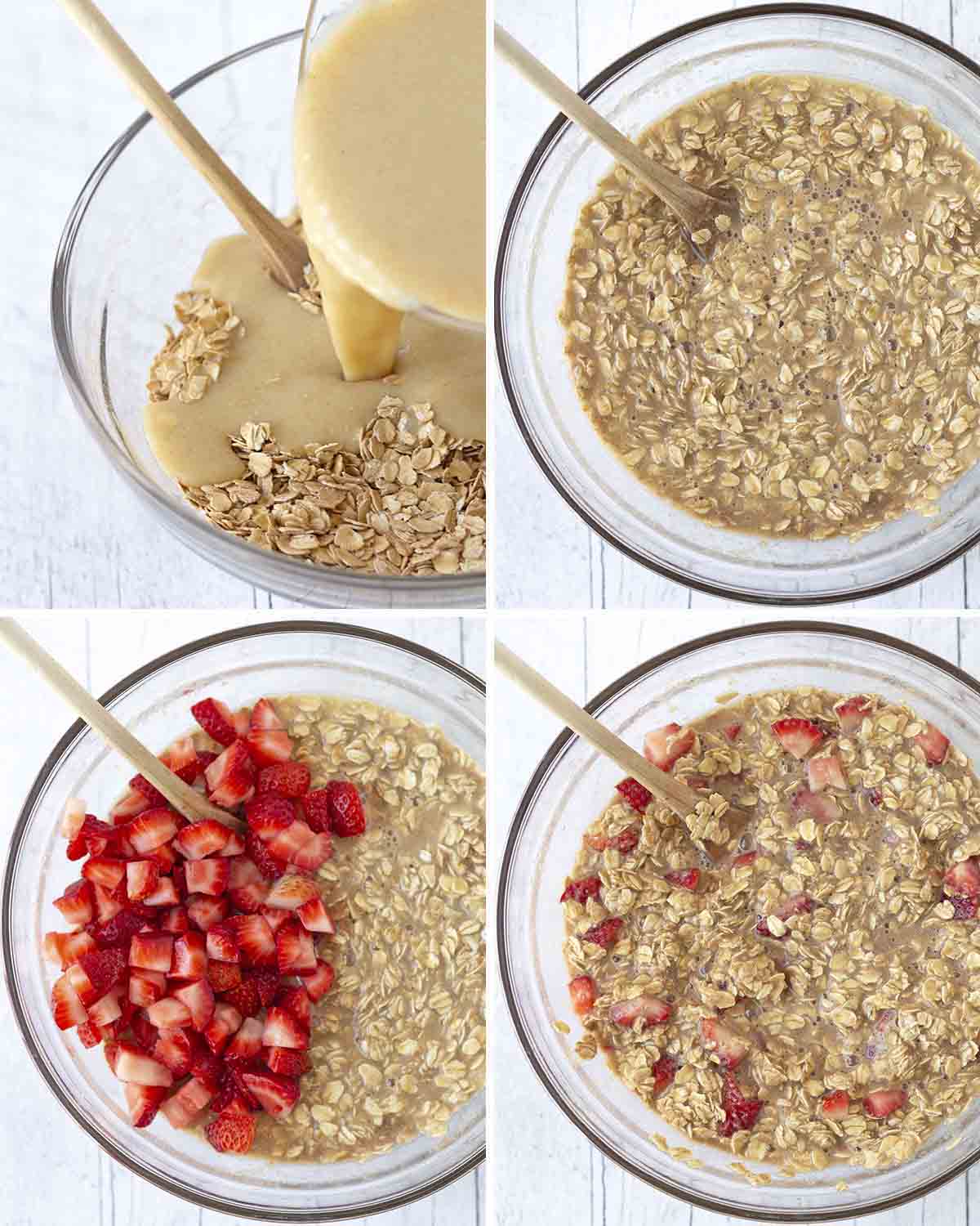 A collage of four images showing the sequence of steps needed to make baked oatmeal with strawberries.