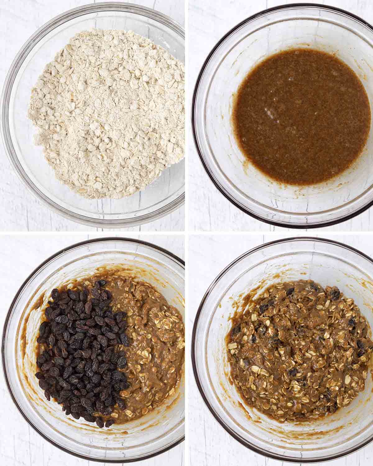 A collage of four images showing the sequence of steps needed to make egg-free oatmeal cookies with raisins.