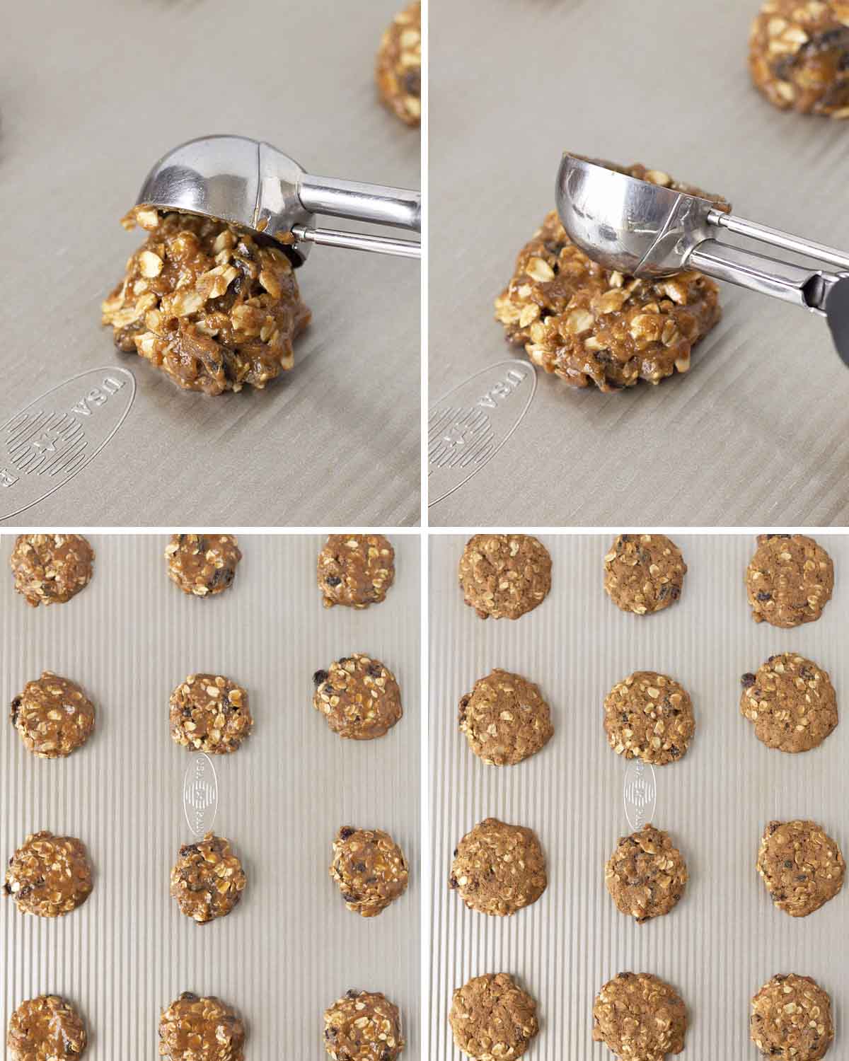 A collage of four images showing the sequence of steps needed to make dairy-free oatmeal cookies.