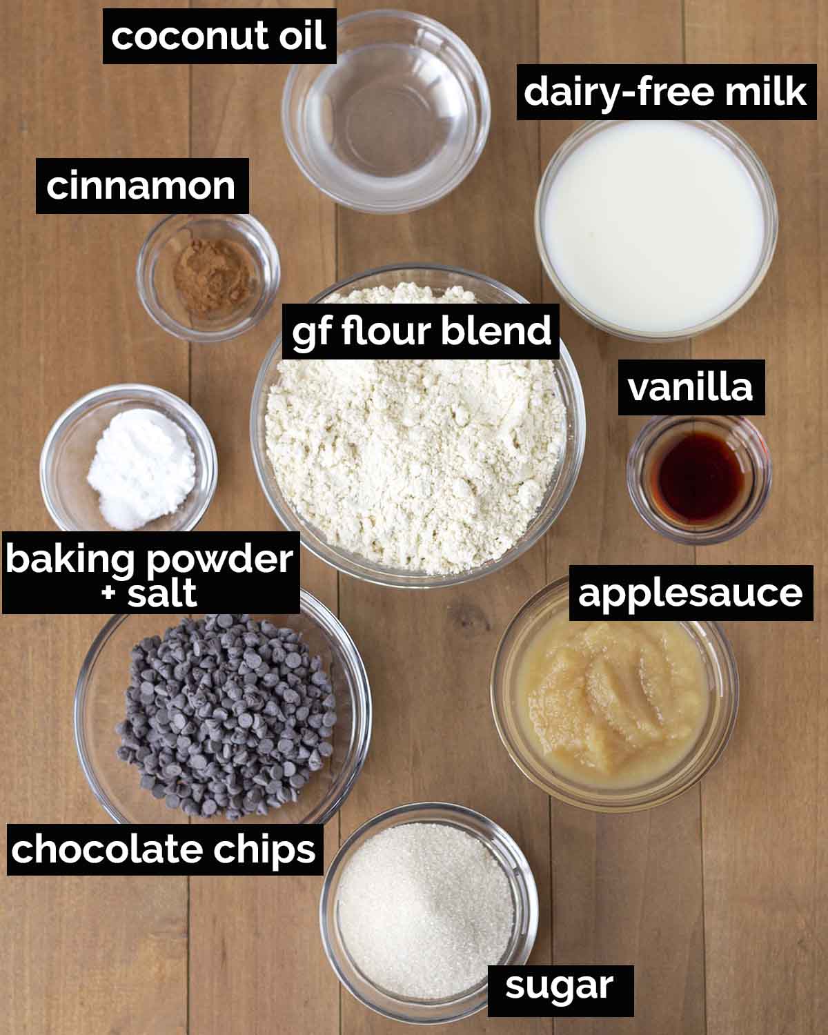 Overhead shot showing all the ingredients needed to make mini chocolate chip muffins.