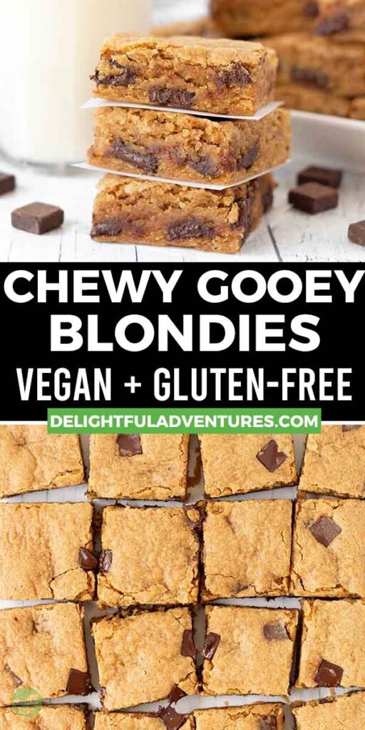 Pinterest pin showing two images of vegan gluten-free blondies, this image is to be used to pin this recipe to Pinterest.