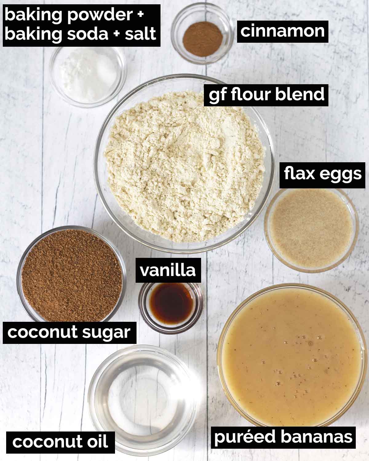 An overhead shot showing all the ingredients needed to make gf banana bread.