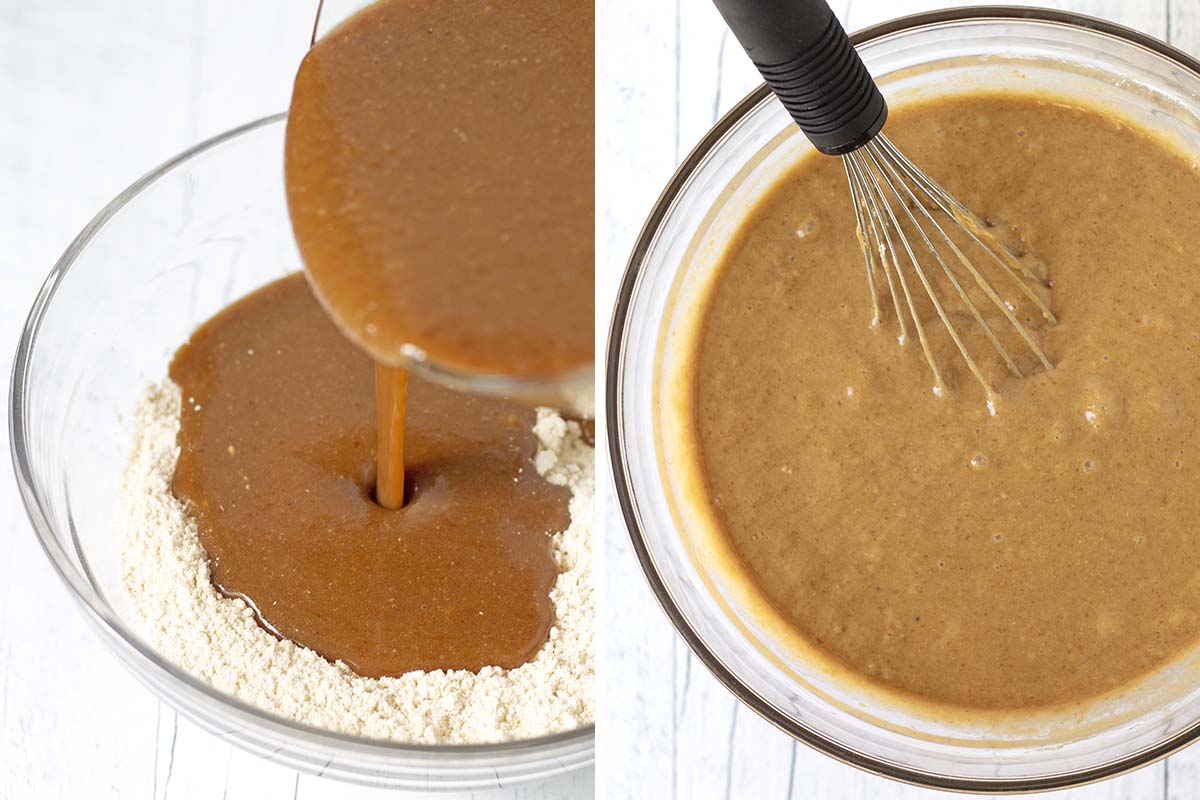 Two side-by-side images, image on the left shows wet and dry ingredients combining, image on the right shows mixed banana bread batter.