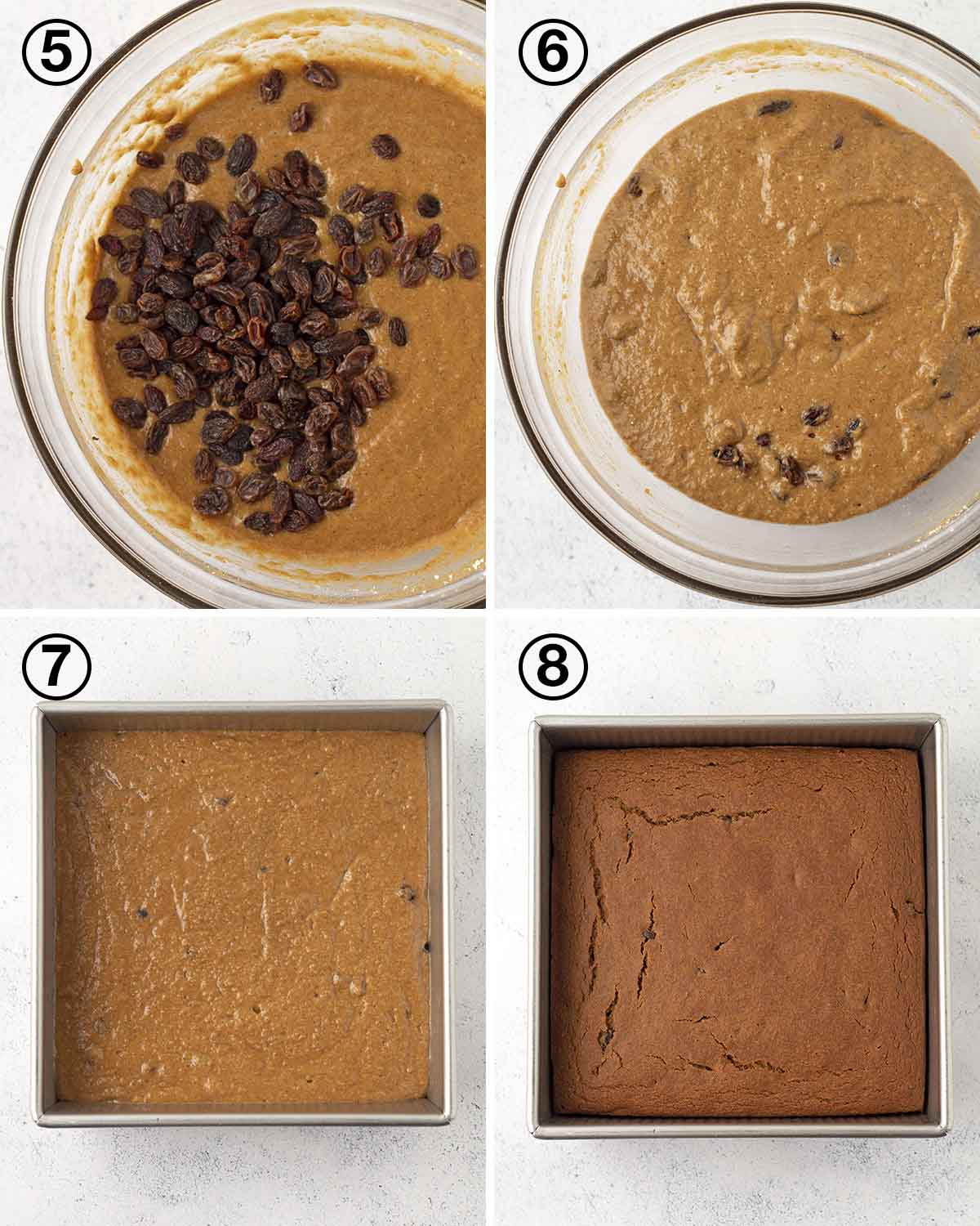 A collage of four images showing the second sequence of steps needed to make gluten-free applesauce cake.