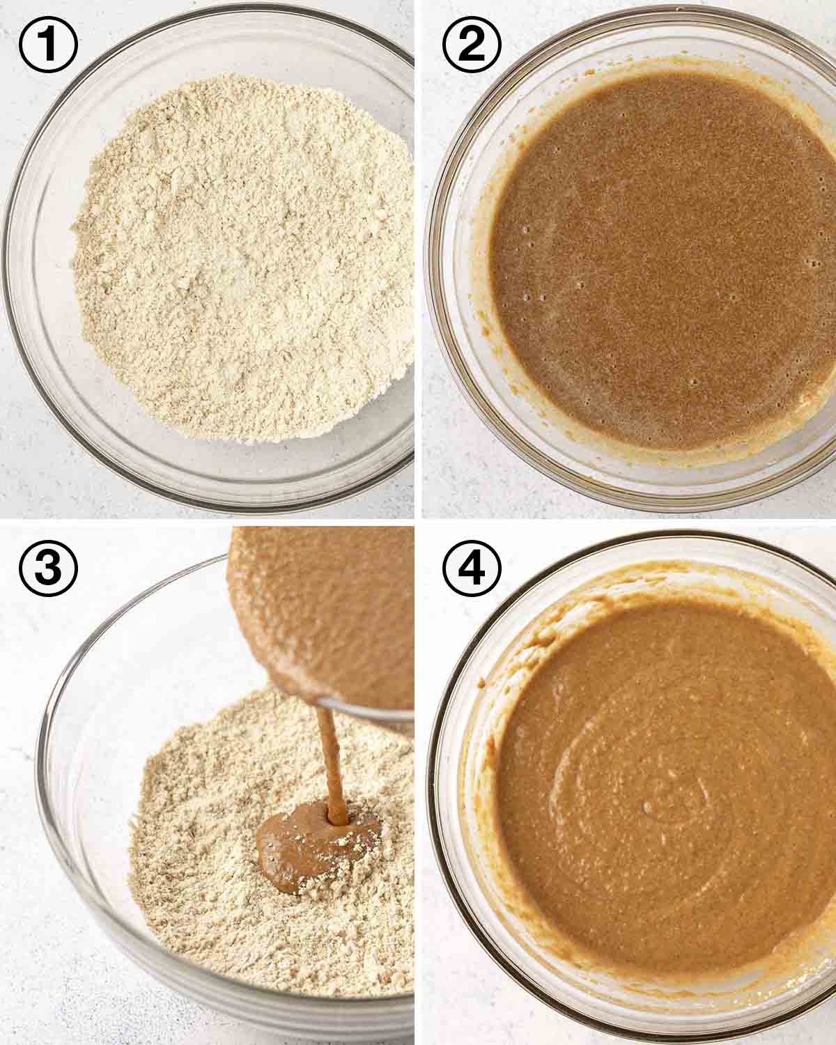 A collage of four images showing the first sequence of steps needed to make dairy-free applesauce cake.