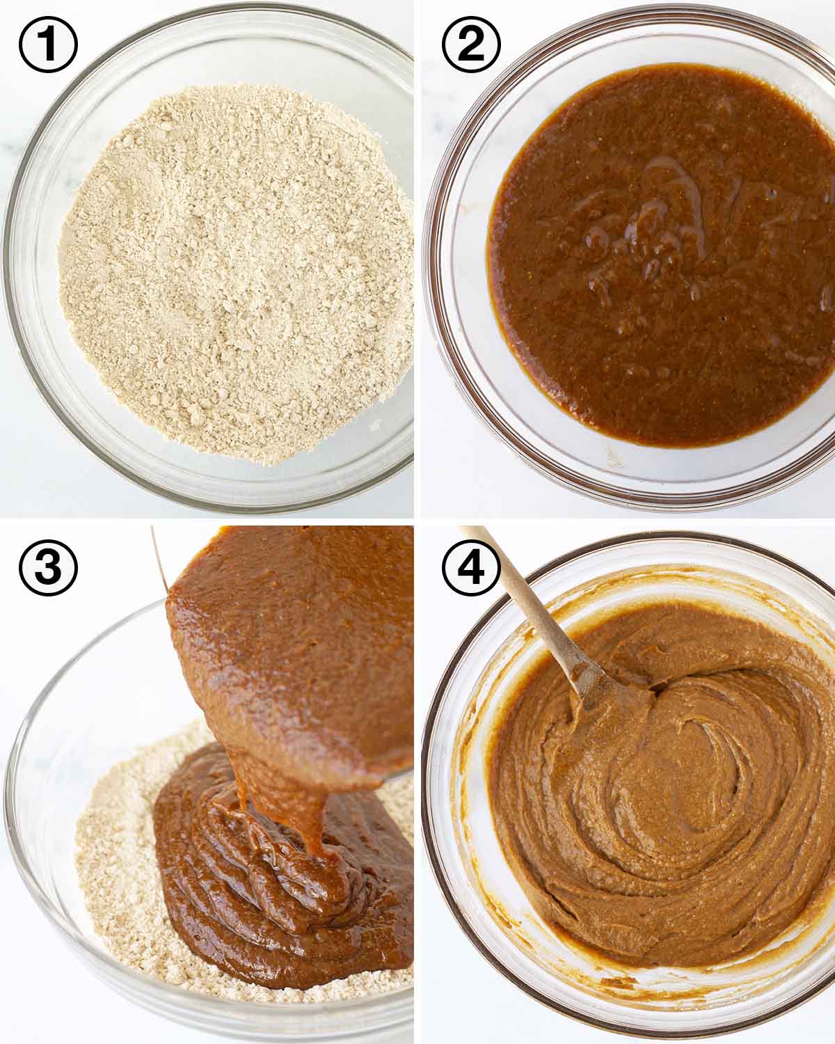 A collage of four images showing the first sequence of steps needed to make dairy-free pumpkin cupcakes.