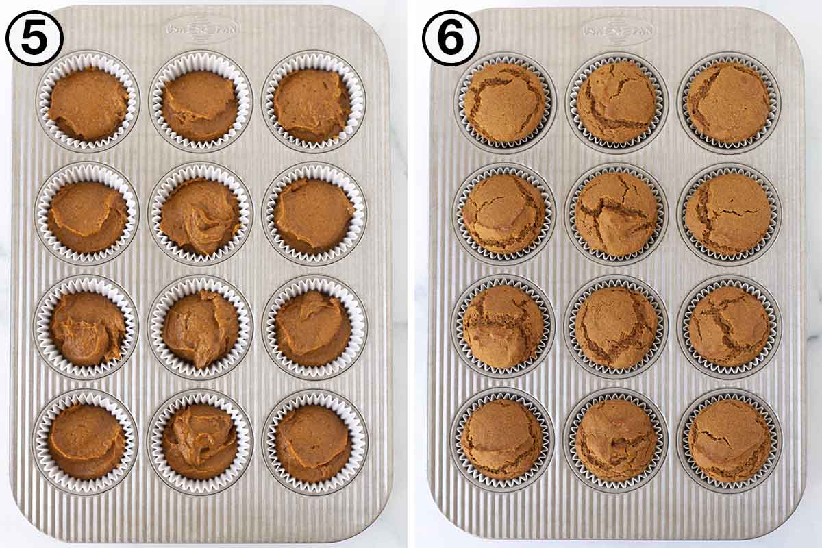 Two images showing unbaked gluten-free pumpkin cupcakes in a muffin pan, the second image shows the baked cupcakes.