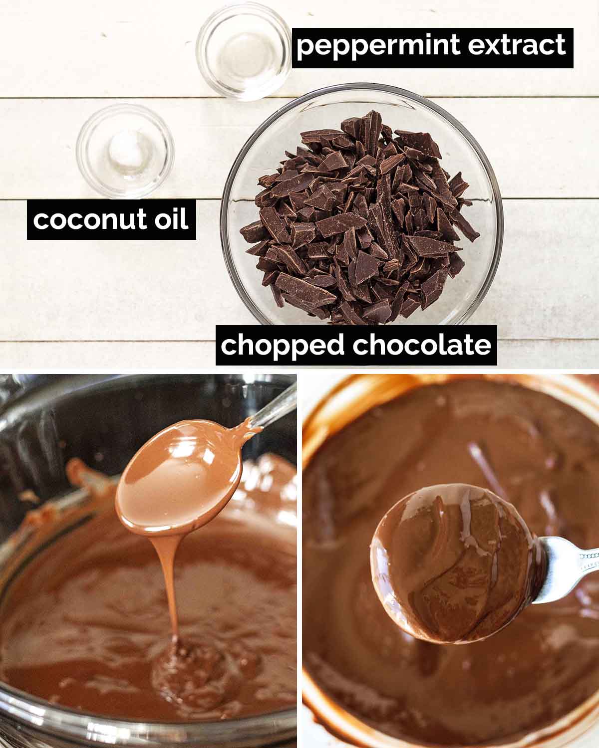 A collage of three images showing the sequence of steps needed to make the chocolate dip for thin mint cookies.