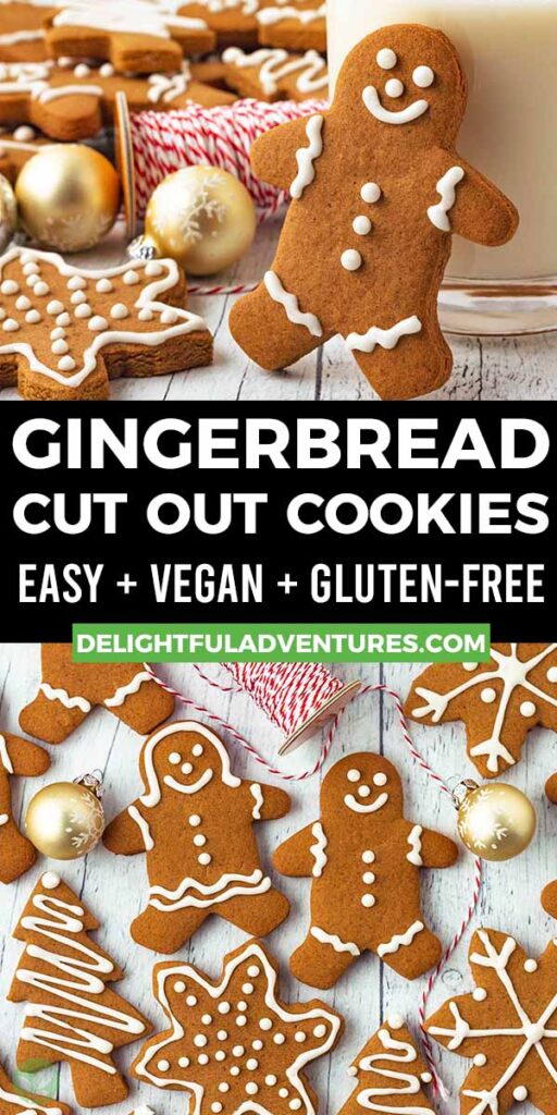 Pinterest pin showing two images of gingerbread men cookies, this image is to be used to pin this recipe to Pinterest.