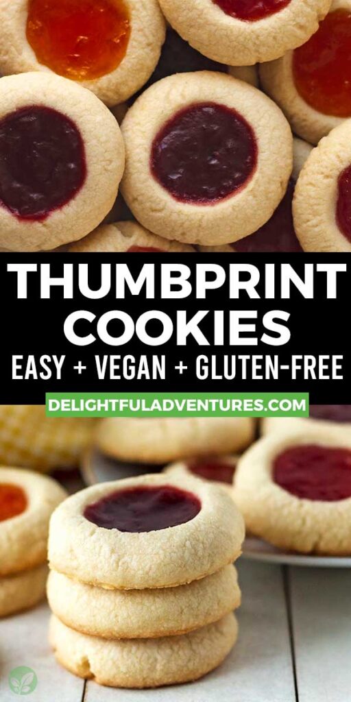 Pinterest pin showing two images of thumbprint cookies, this image is to be used to pin this recipe to Pinterest.