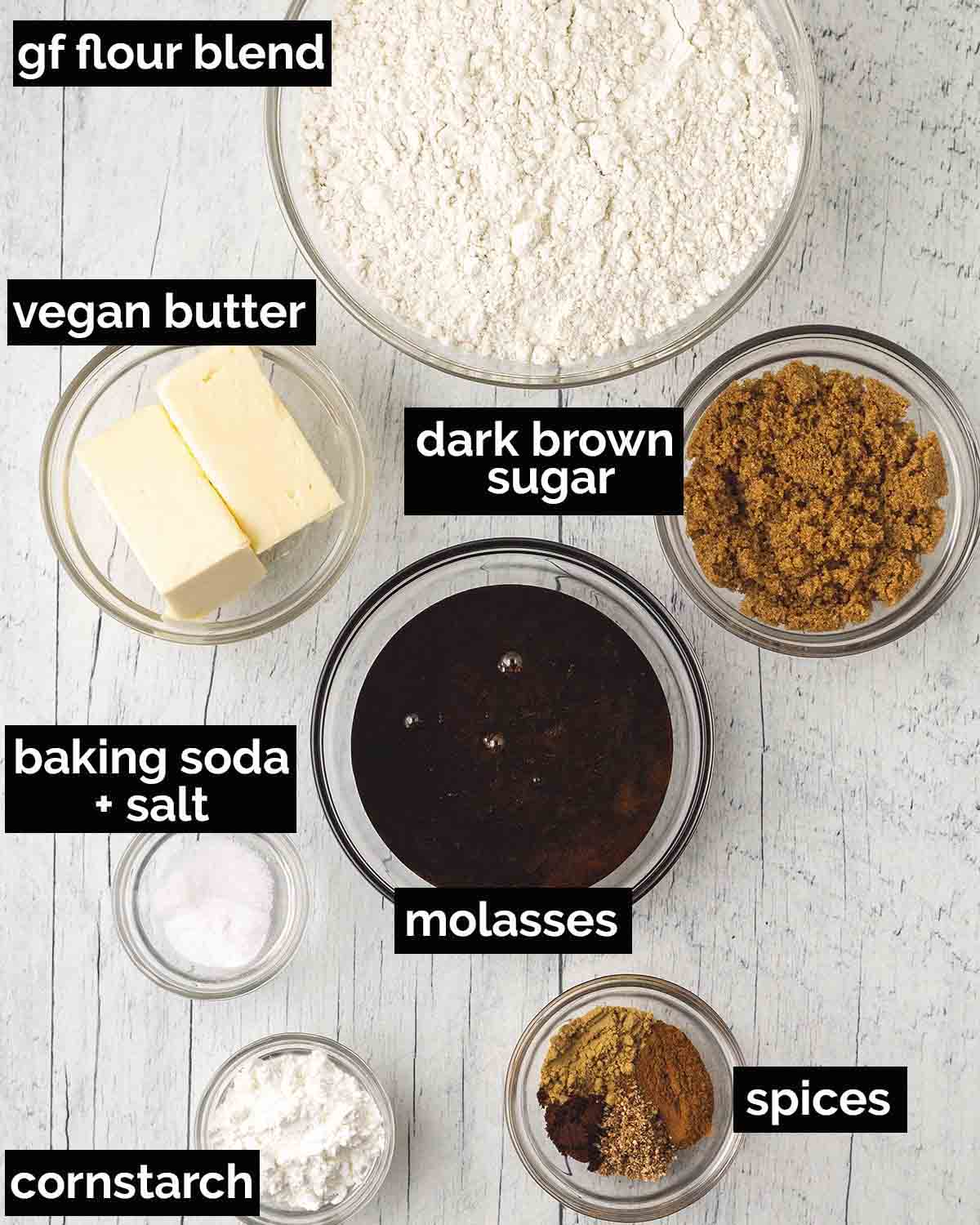 An overhead shot showing the ingredients needed to make vegan gluten-free gingerbread cookies.