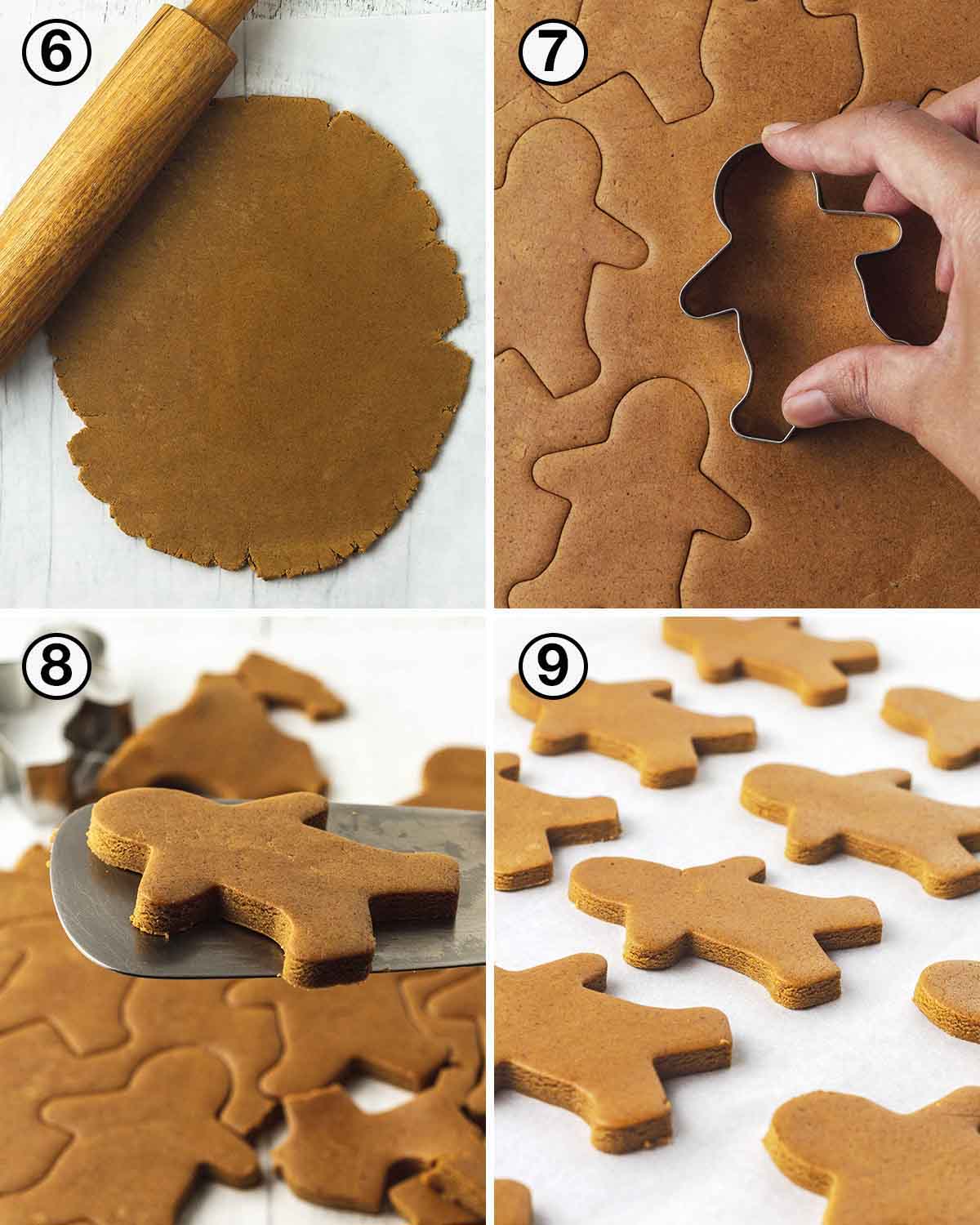 A collage of four images showing the second sequence of steps needed to make egg-free gingerbread cookies.