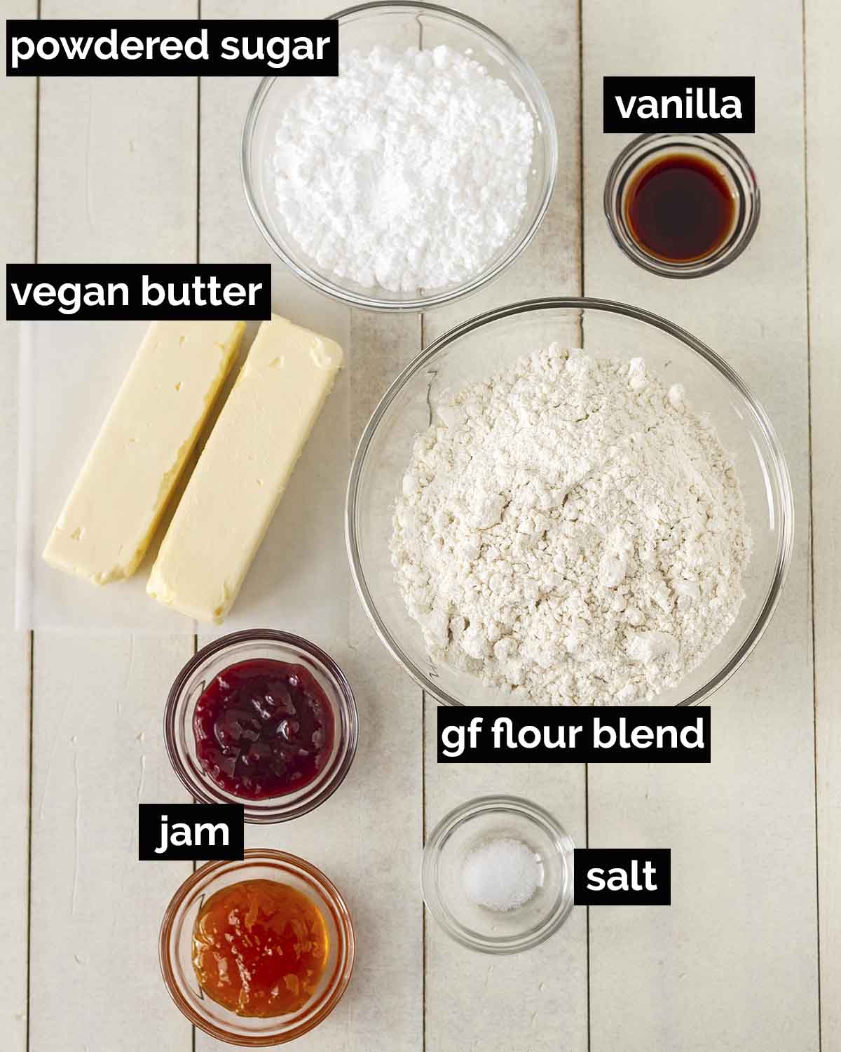 An overhead shot showing the ingredients needed to make vegan gluten-free thumbprint cookies.