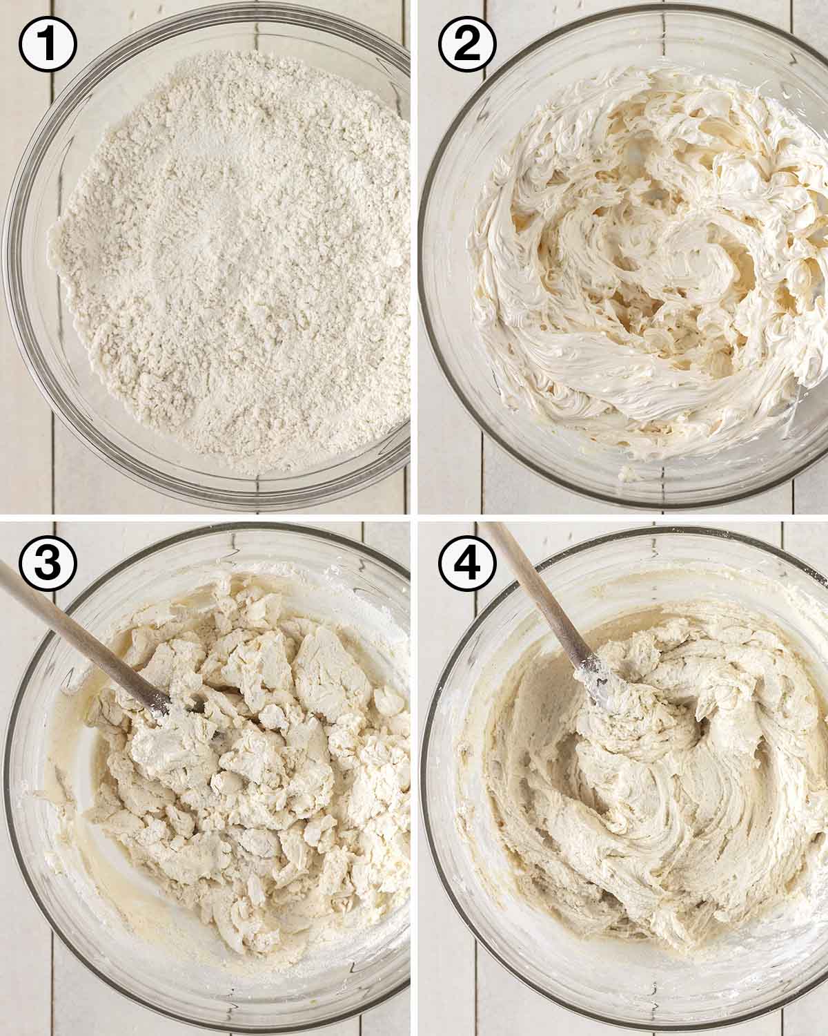 A collage of four images showing the second sequence of steps needed to make egg-free thumbprint cookies.