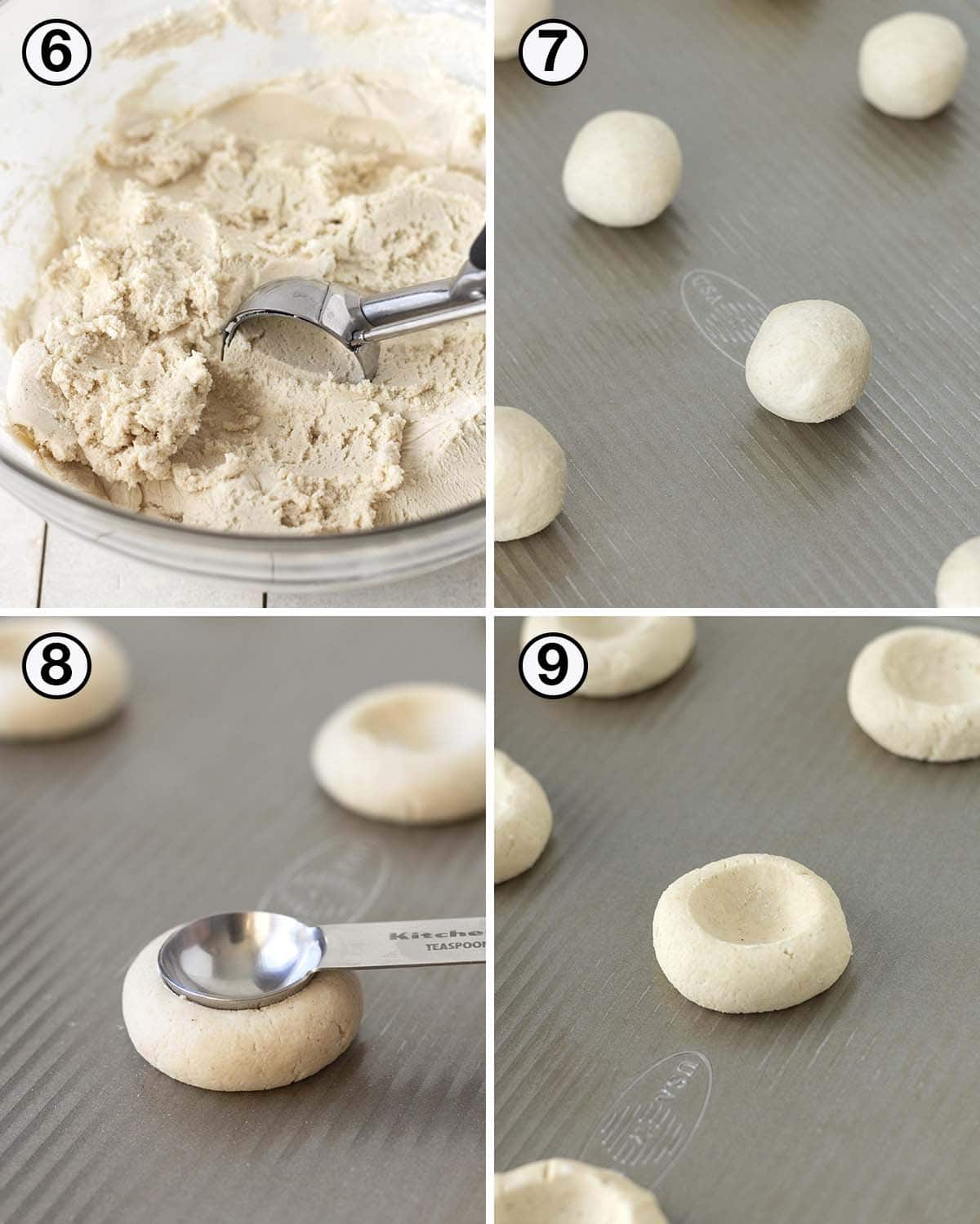 A collage of four images showing the first sequence of steps needed to make plant based thumbprint cookies.
