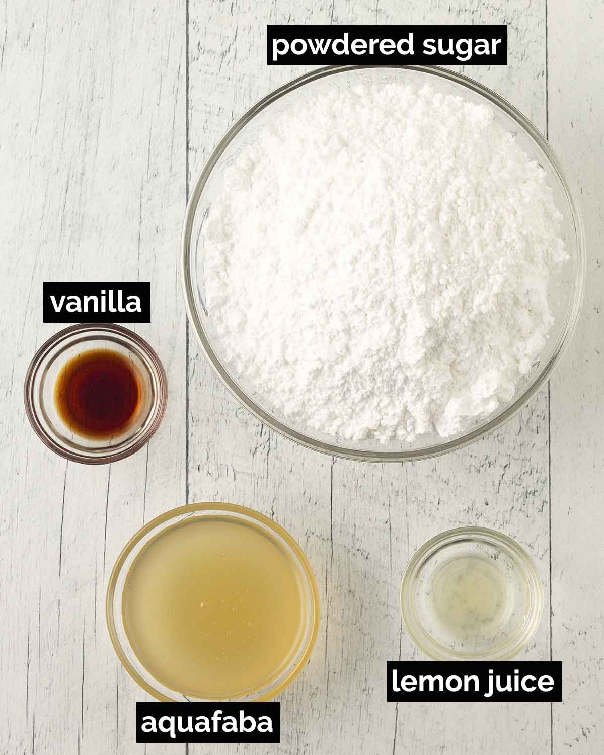 An overhead shot showing the ingredients needed to make corn syrup-free royal icing.