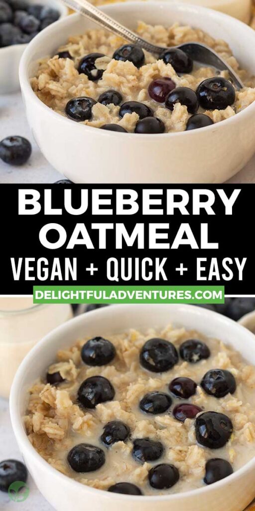 Pinterest pin showing two images of blueberry oatmeal, this image is to be used to pin this recipe to Pinterest.