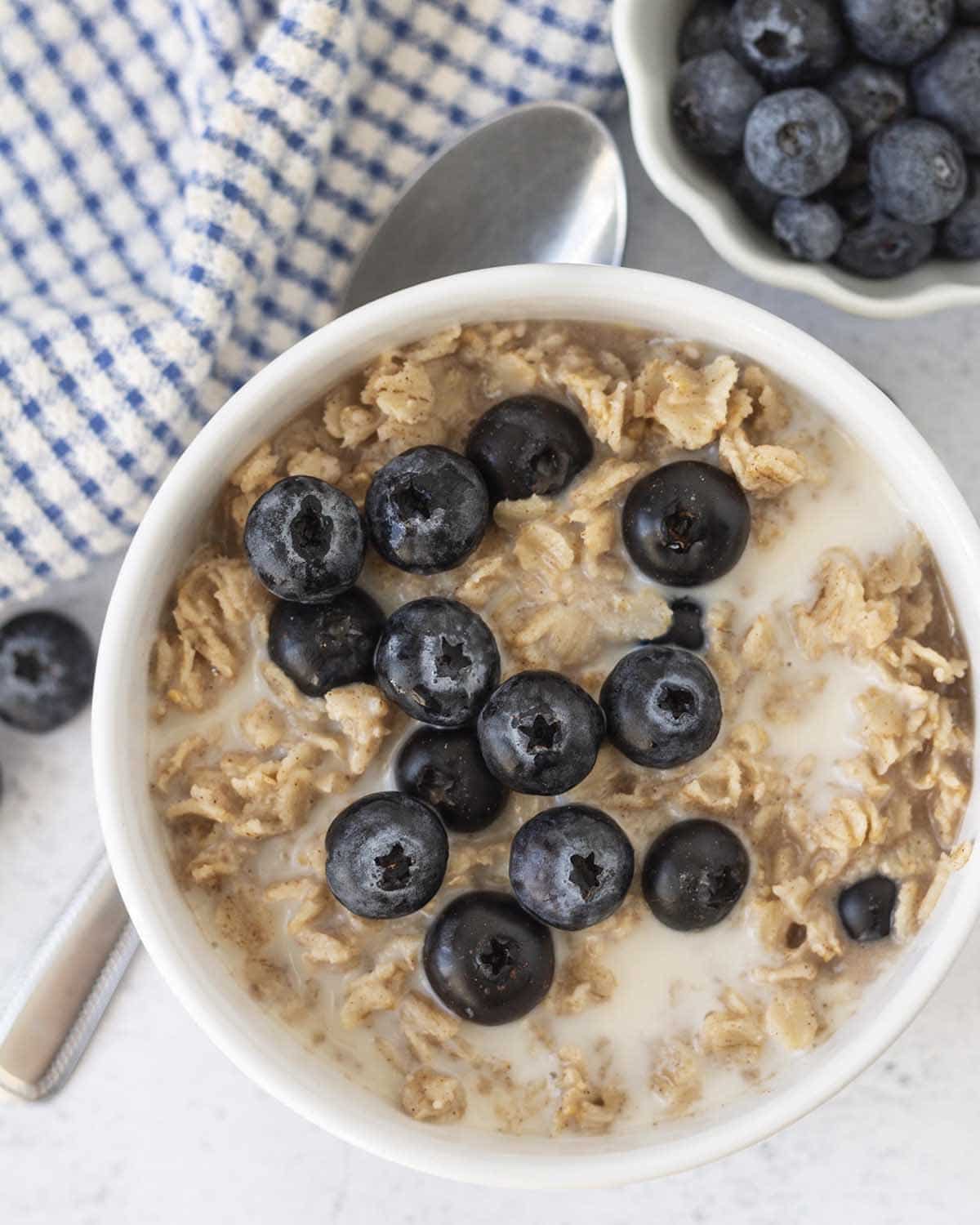 An overhead shot showing a bowl of blueberry cinnamon oatmeal.