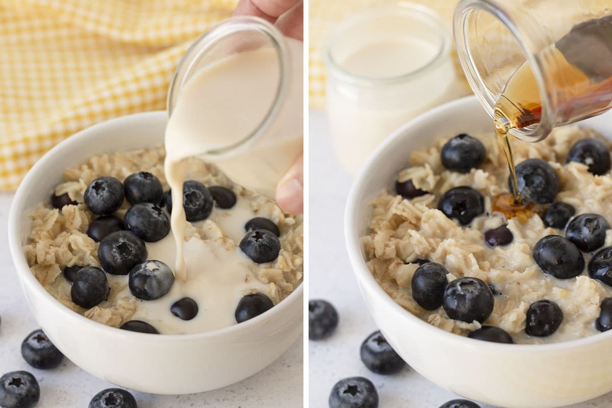Two side-by-side images showing two of the many ways you can top your blueberry oatmeal, with milk or with maple syrup.