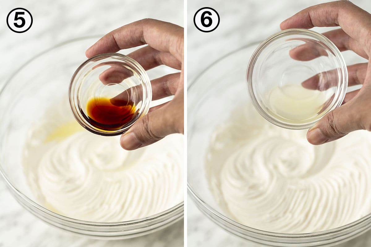A collage of two images showing the second sequence of steps needed to make vegan cream cheese frosting.