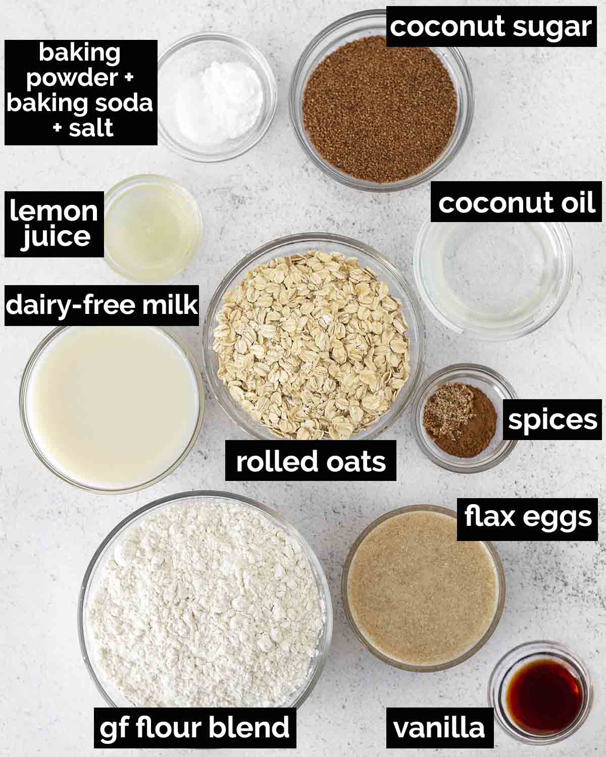 An overhead shot showing the ingredients needed to make vegan gluten-free oatmeal muffins.