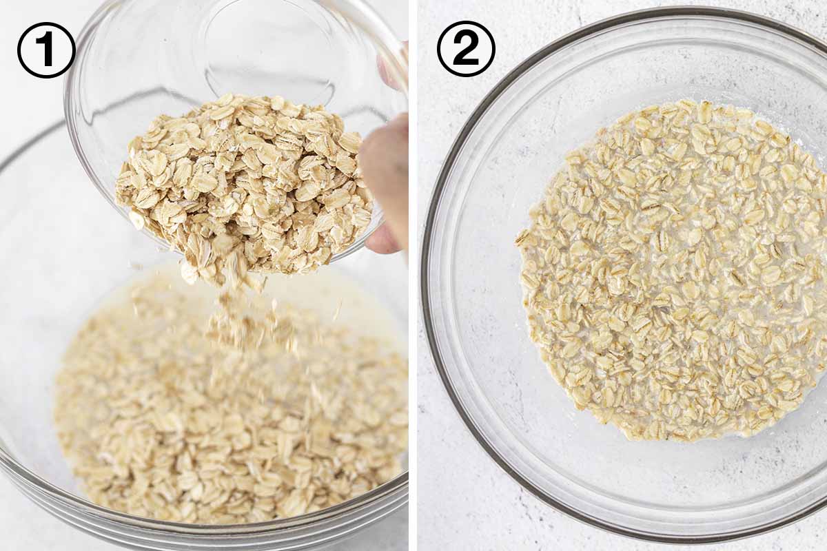 A collage of two images showing the sequence of steps needed to make gluten-free oatmeal muffins.