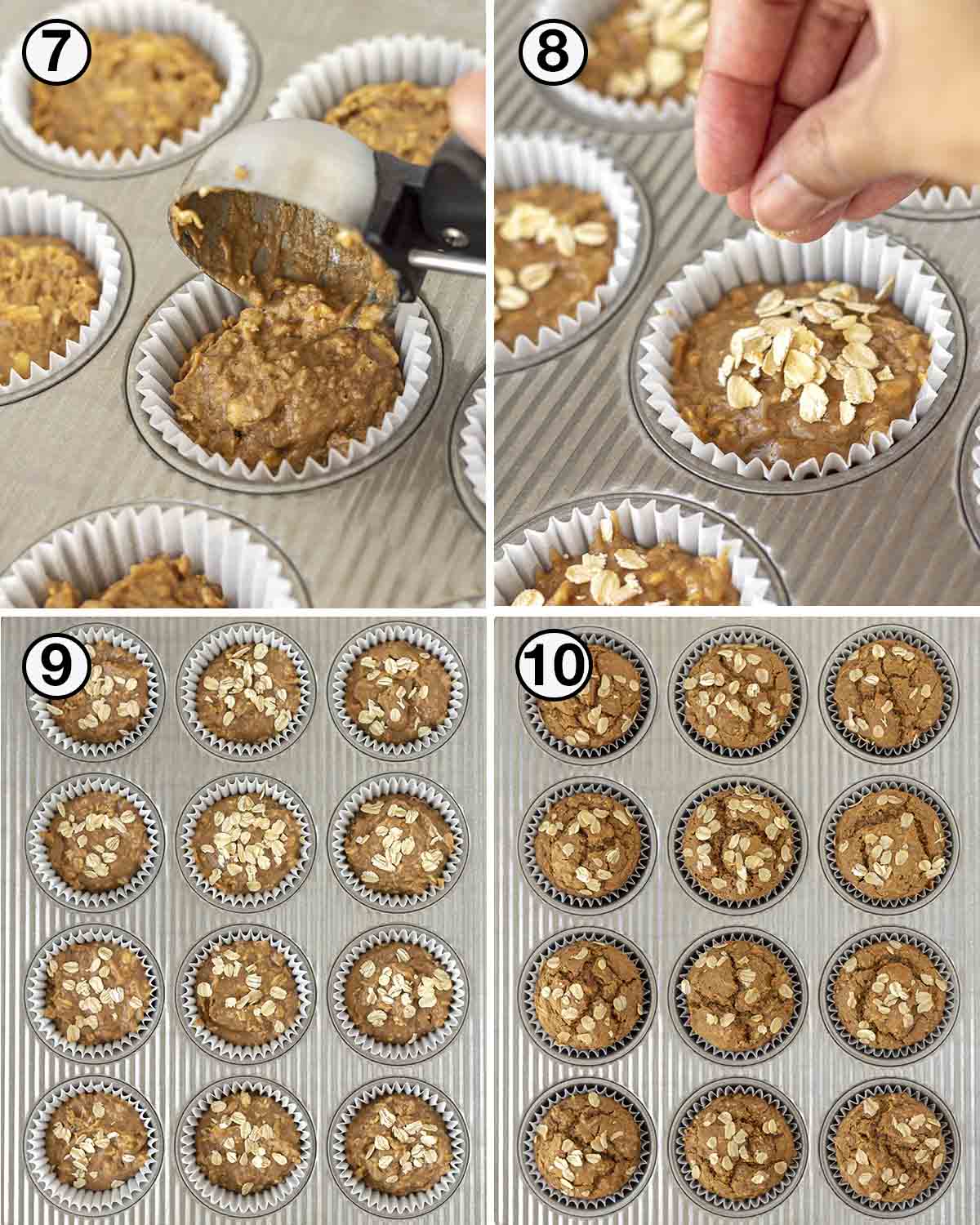 A collage of four images showing the third sequence of steps needed to make gluten-free dairy-free oatmeal muffins.