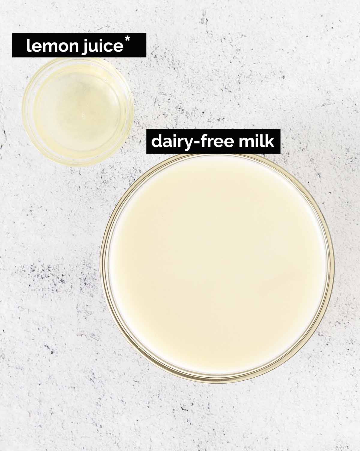 An overhead shot showing the ingredients needed to make vegan buttermilk.