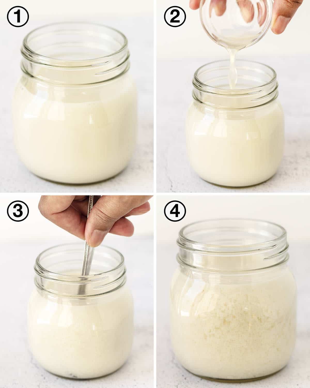 A collage of four images showing the sequence of steps needed to make dairy-free buttermilk.